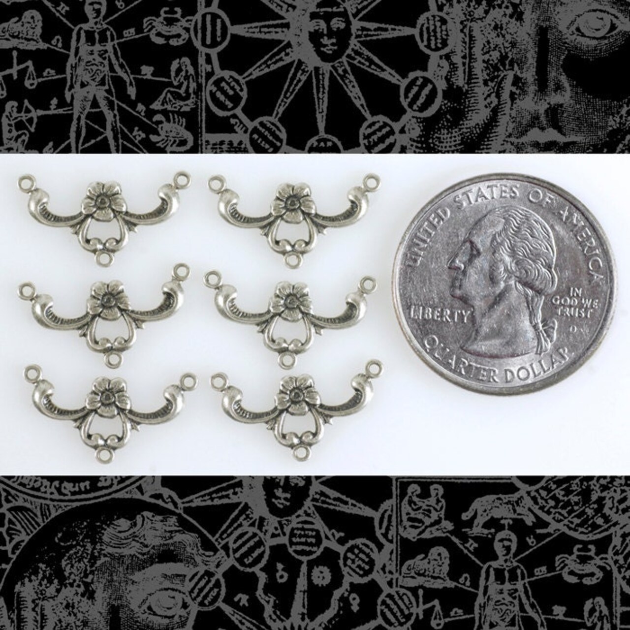 Antiqued Silver Plated Brass Swirled Floral Three Ring Connectors - Set of Six - S-3C27